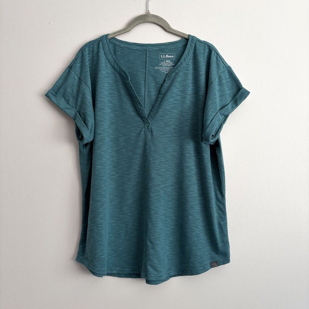 LL Bean Womens Streamside Tee Short Sleeve Splitneck Teal Size Large Basic